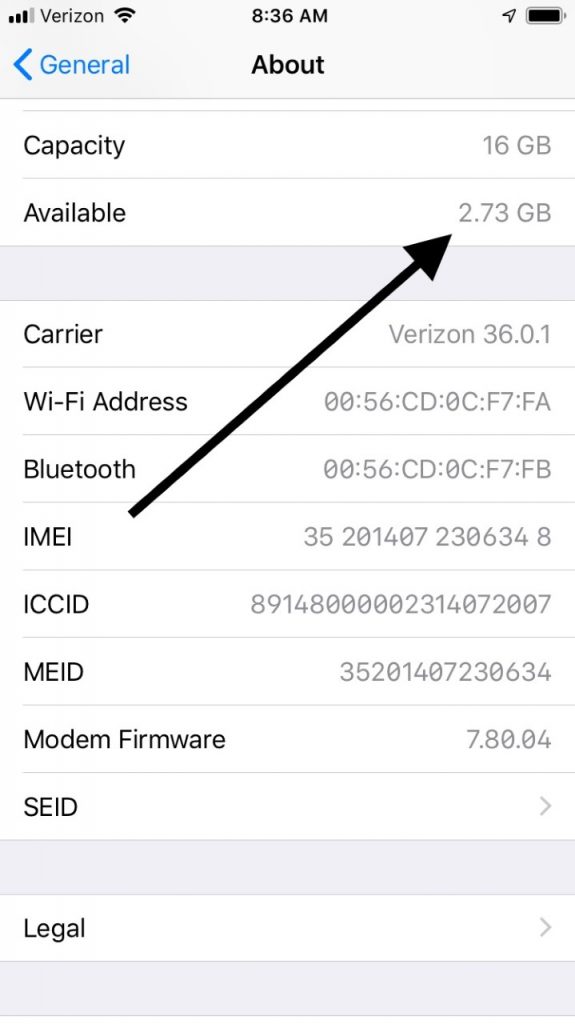 Almacenamiento de iPhone disponible