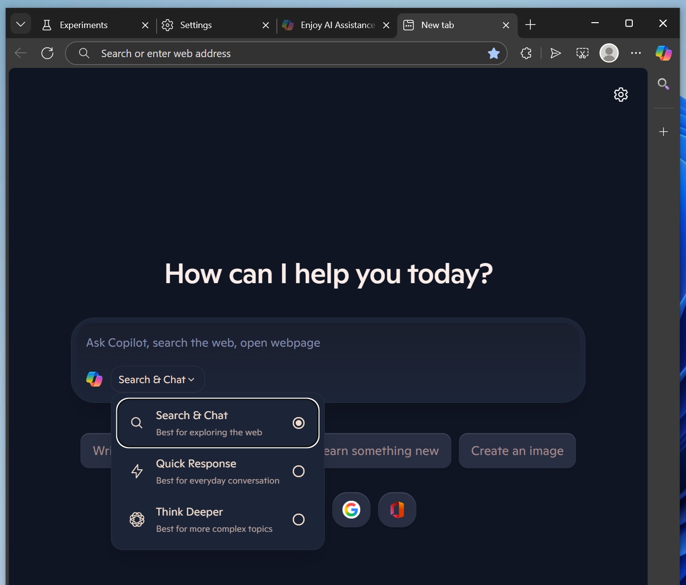 Copiloto en la nueva página de pestaña en Microsoft Edge