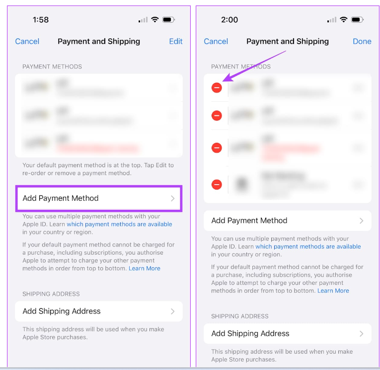 Eliminar el método de pago para arreglar la identificación de Apple no se registra