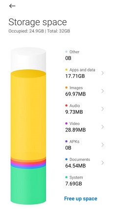 Verifique el espacio de almacenamiento de Android