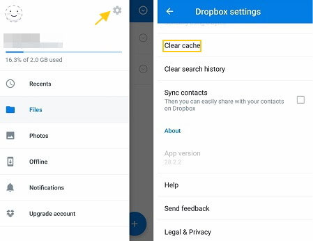 Clear cachés de Dropbox