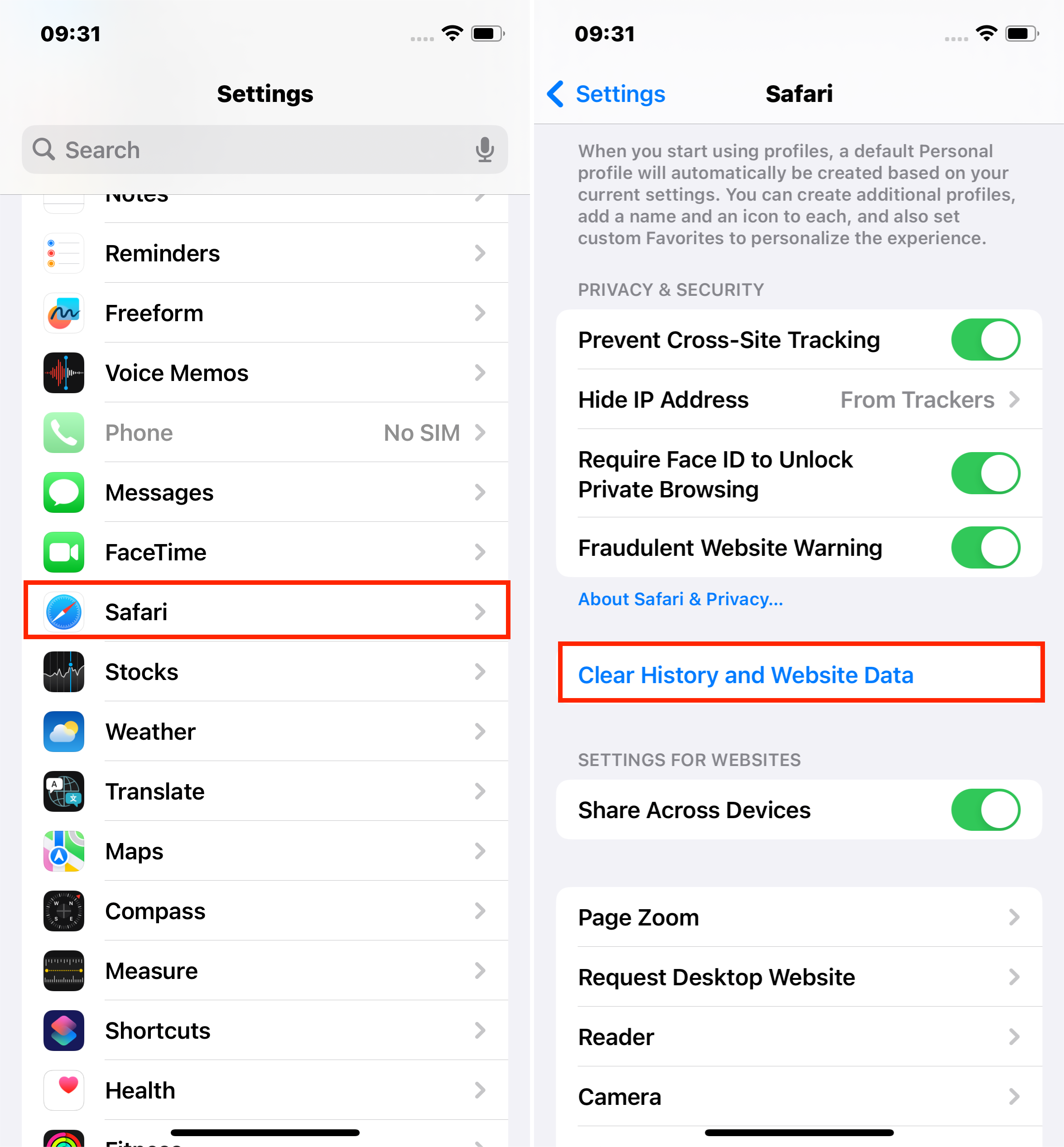 Clear Safari History y datos del sitio web
