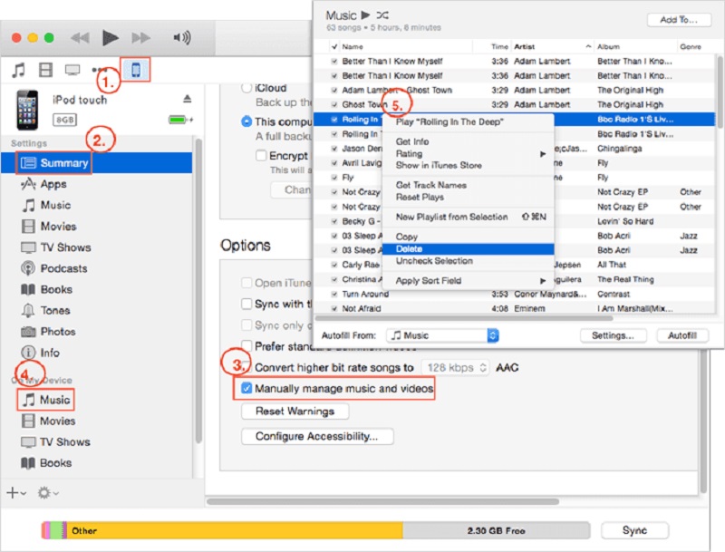 Eliminar canciones de iPod mantenlos en iTunes