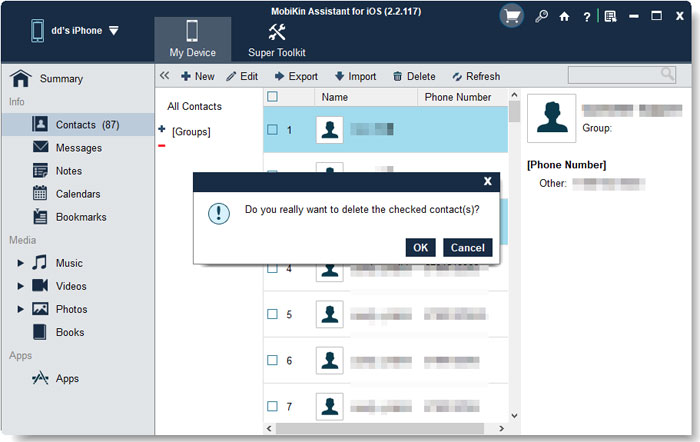 Eliminar múltiples contactos en iPhone con asistente para iOS