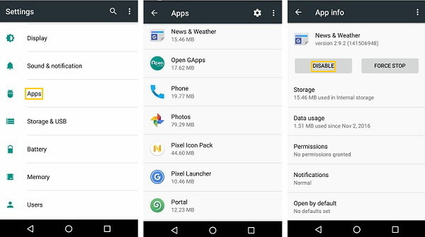 Deshabilitar la aplicación en Android