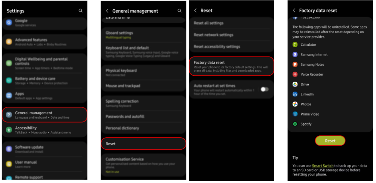 Restablecimiento de fábrica Samsung Galaxy en la configuración