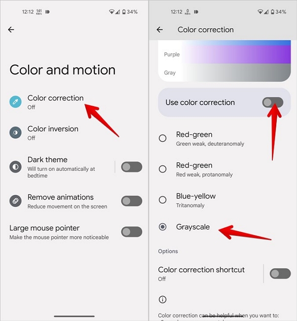 Android Black White - Configuración de escala de grises