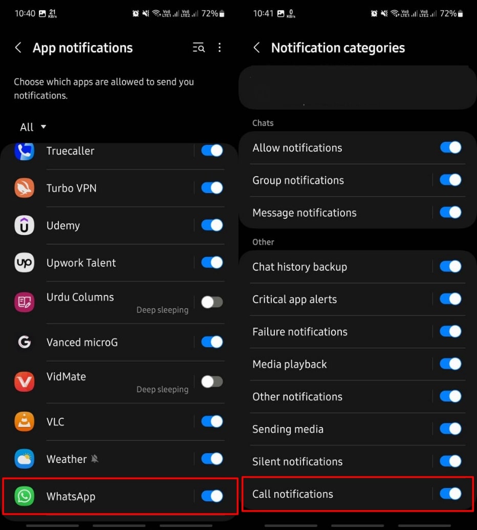 Apague las notificaciones de llamadas de WhatsApp