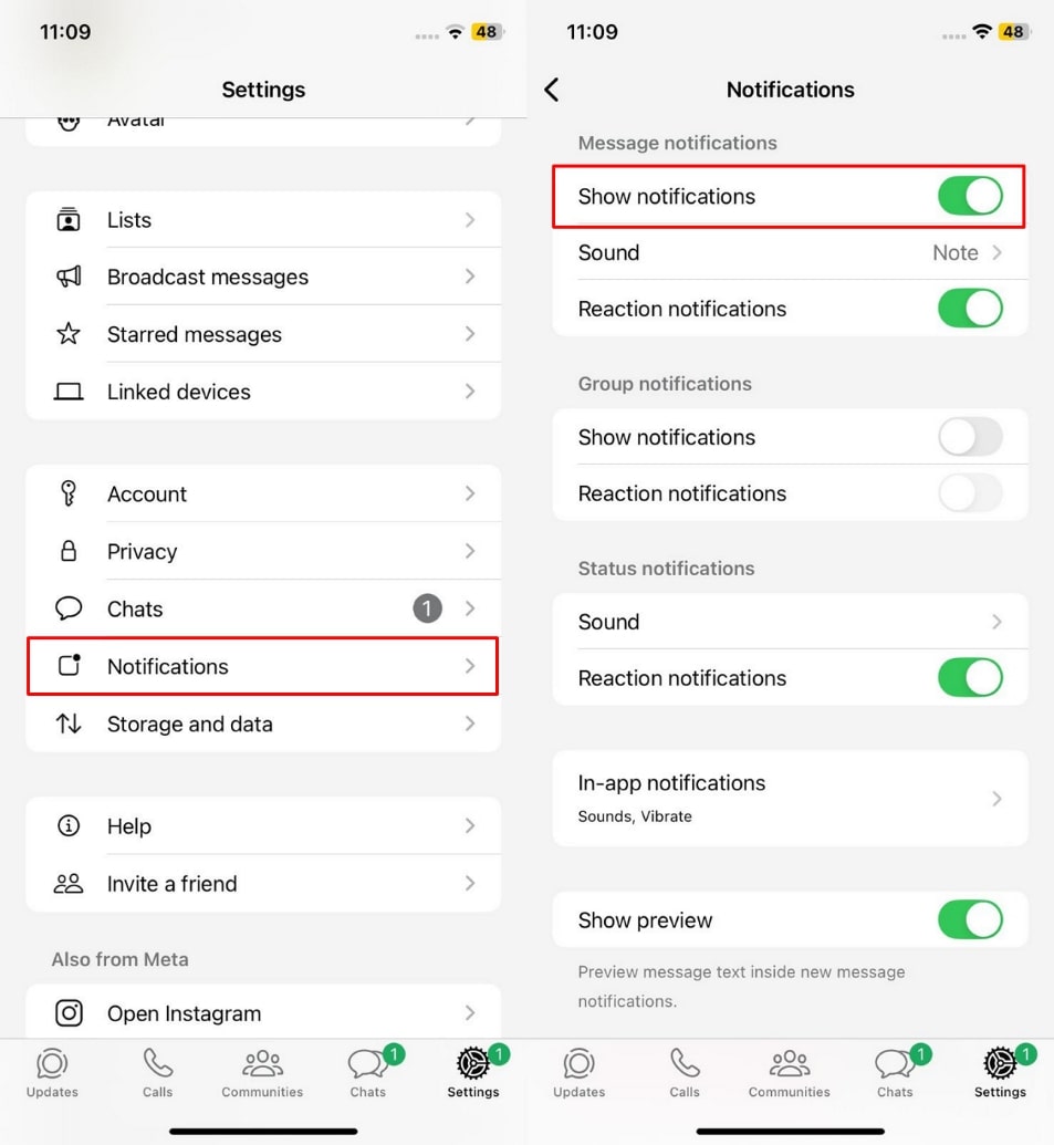Desactivar las notificaciones del espectáculo en WhatsApp