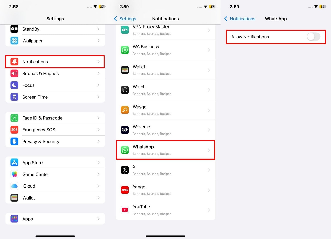 Desactivar Permitir las notificaciones de WhatsApp desde la configuración