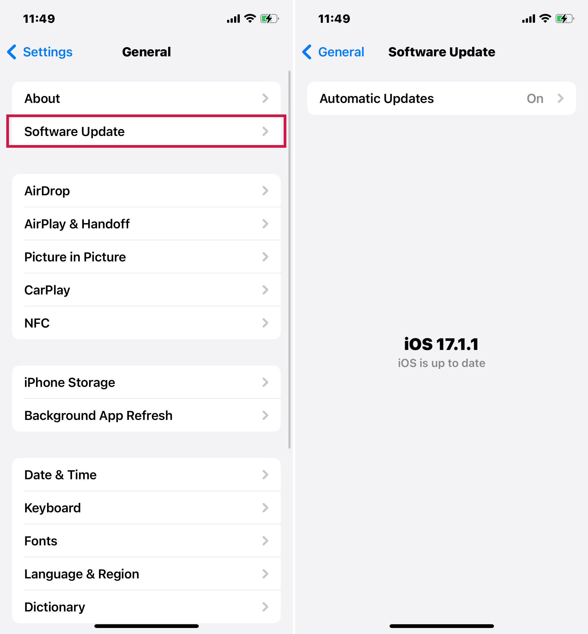 Actualización de software de comprobación de iPhone a través de la configuración