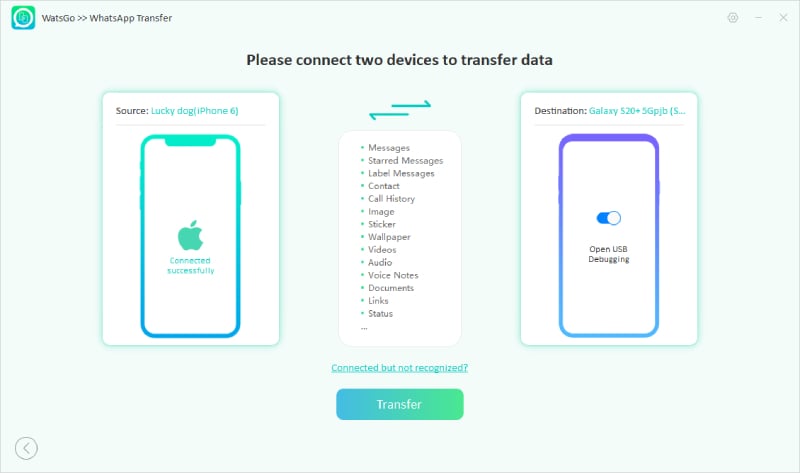 Asignar dispositivos y hacer clic en Transferencia