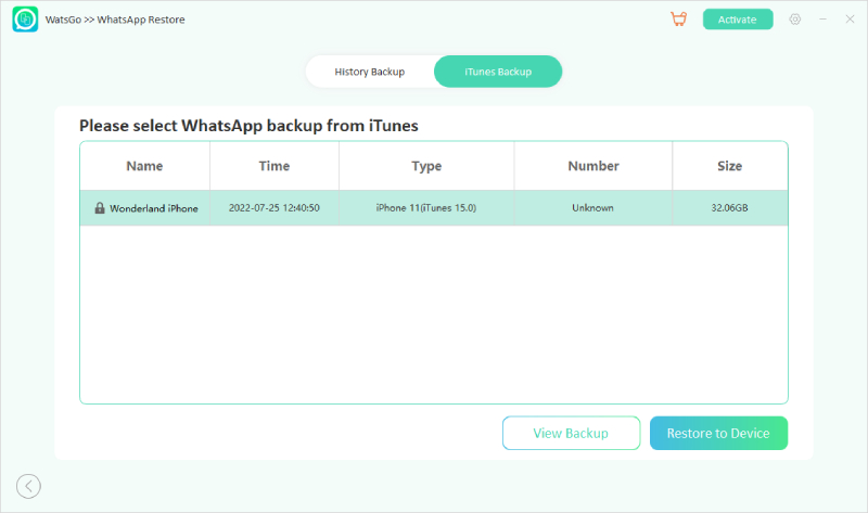 Guía de Watsgo - Seleccionar Historial WhatsApp Backup itunes