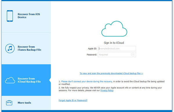 Seleccione el modo de recuperación de iCloud e inicie sesión en su cuenta de iCloud