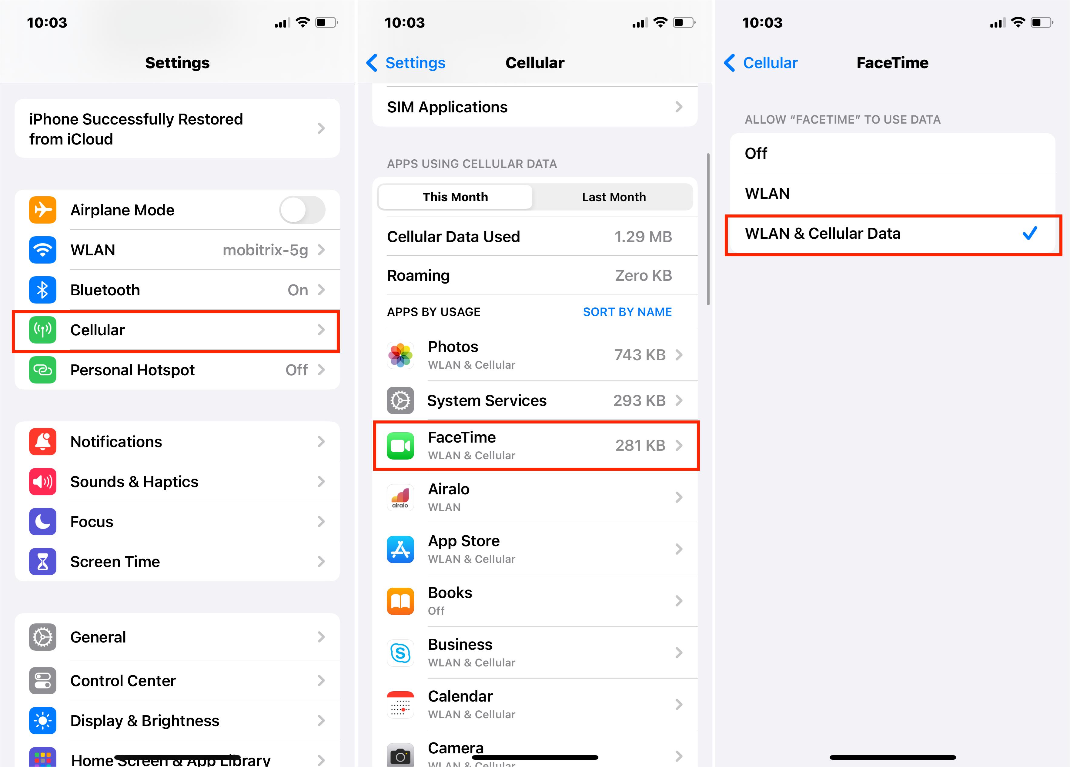 Habilitar datos celulares para FaceTime.