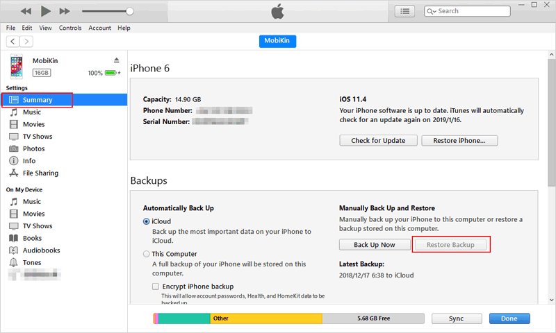 Restaurar desde la copia de seguridad de iTunes
