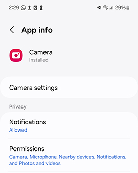 Permisos de cámara Samsung