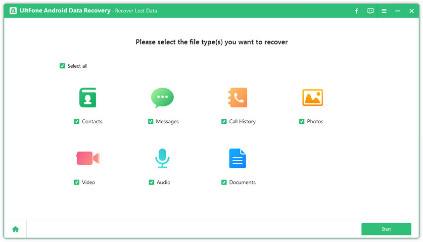Elija el tipo de archivo y comience a escanear archivos perdidos en Android