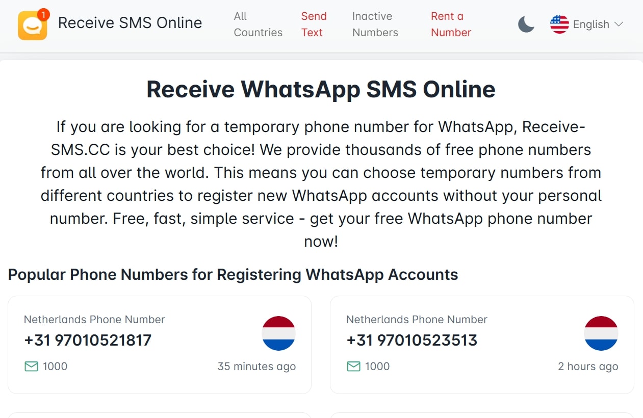 Recibe número de SMS Tempt WhatsApp