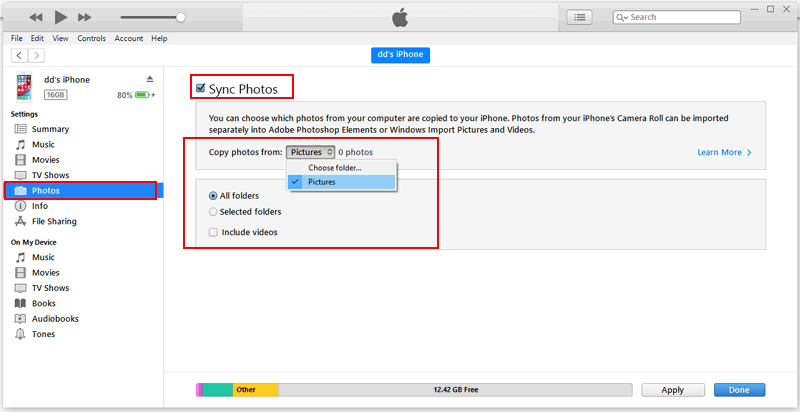 Transfiera todos los datos, excepto las fotos a un iPhone diferente a través de iTunes