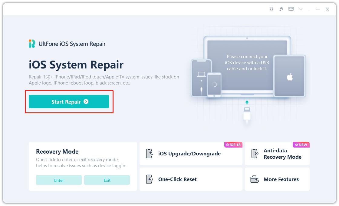 Característica de reparación del sistema iOS de la reparación del sistema ultfone iOS