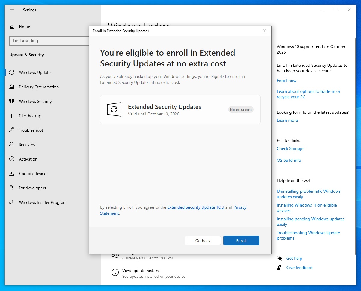 Inscríbase en las actualizaciones de seguridad extendidas de Windows 10 alternar